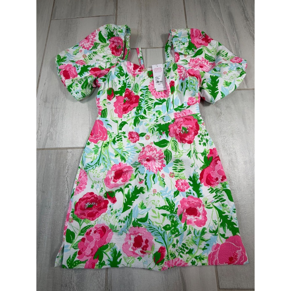Lilly Pulitzer Justina Skirted Romper Multi Poppy Party Floral Puff Sleeve 4